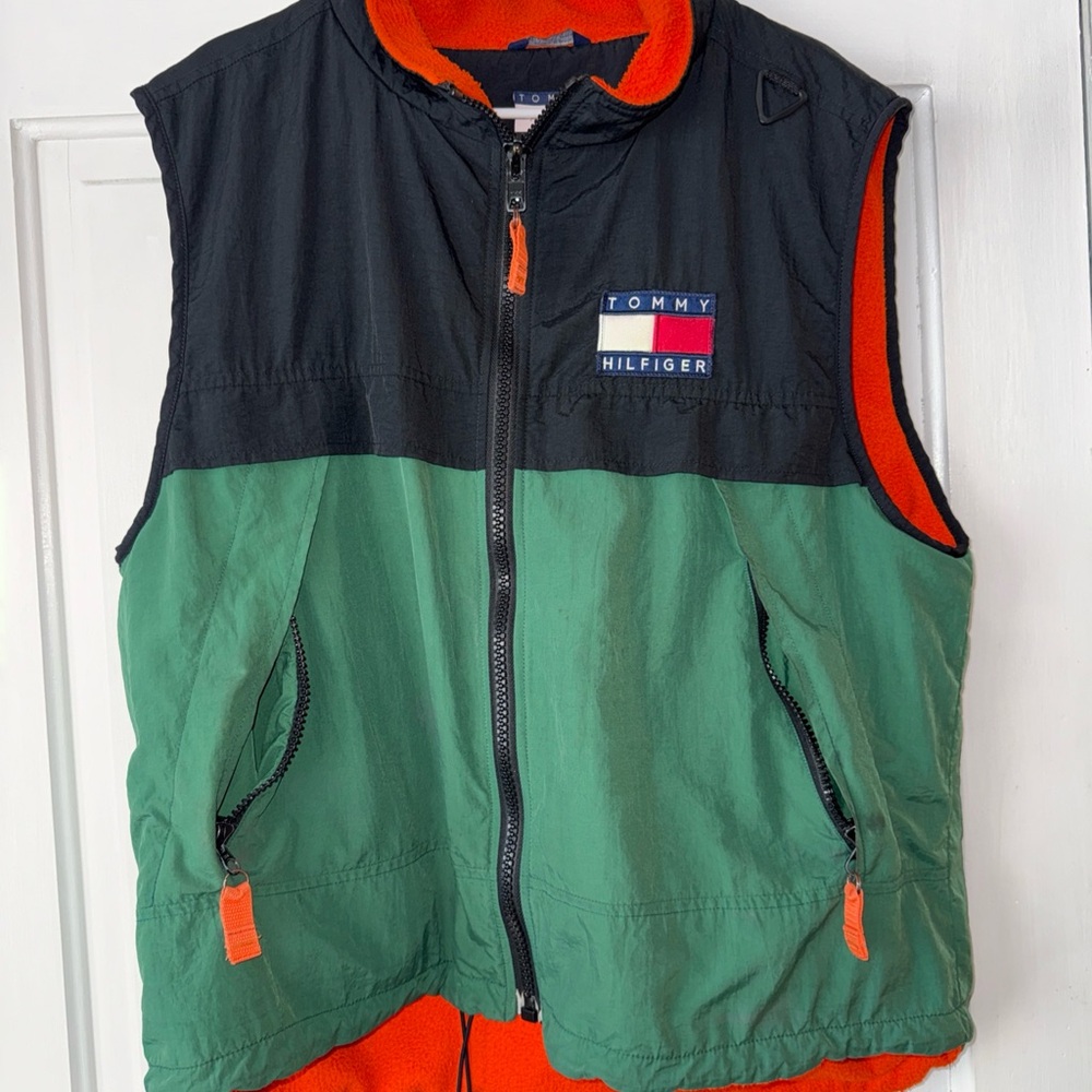 Tommy Hilfiger Black & Green Colorblock Vest with Orange Fleece lined & Accents